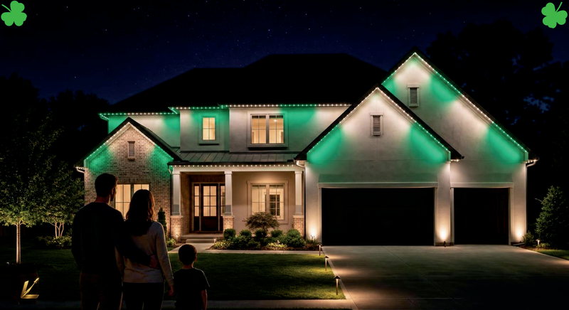 Postcard front: a home with its permanent lights switched to green for St. Patrick's Day.