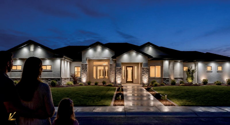 The same desert home with its permanent lights running warm white for everyday use.